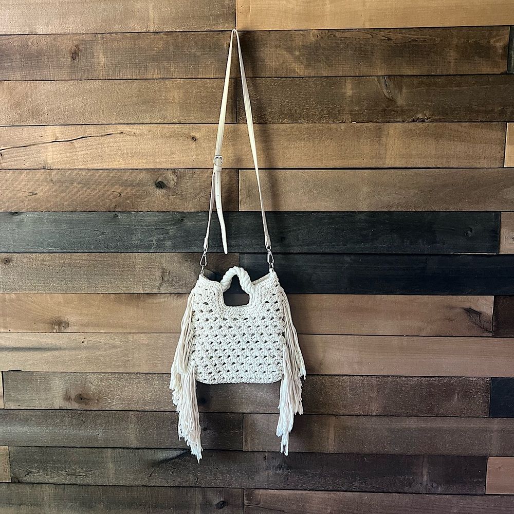 Modern Who What Wear Ivory Crochet Fringe Bag with Adjustable Strap